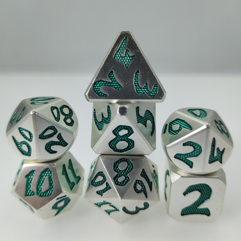 Кость оптовой части металла DND Dice7 зарева зеленой нетоксическая Polyhedral установила салатовый через серебряный материал